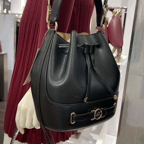 MICHAEL KORS 
Reed Medium Pebbled Leather Bucket Bag Satchel Crossbody 
Black - Picture 8 of 16